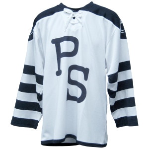 white Penn State hockey jersey with PS and striped sleeves